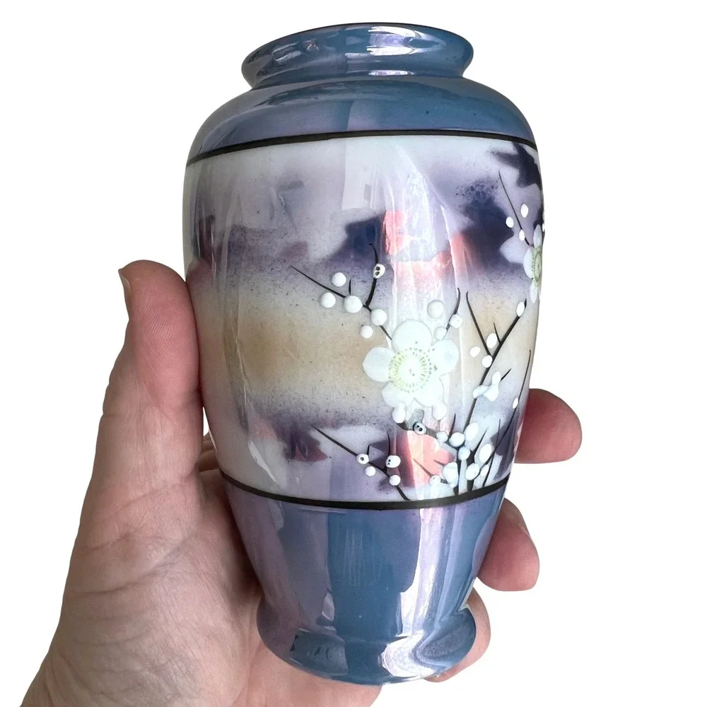 Vintage Japanese Lusterware Bud Vase Hand Painted Cherry Blossom Moriage 6in